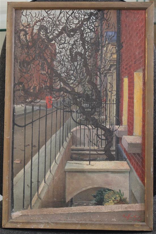 Attributed to Ken Kiff (1935-2001) London street scene, 18.5 x 12in.